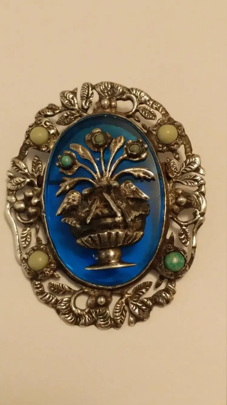 Old Mexican Silver Turquoise Planter Brooch Figural Doves Love Birds Pre 1970's